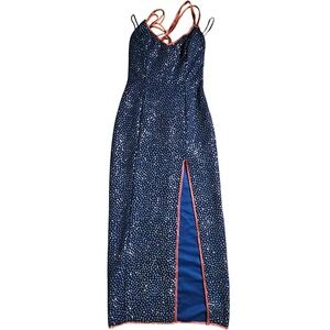VTG LA Glo Rhinestones Embellished Glitter Maxi Dress Contrast Trim High Slit 30